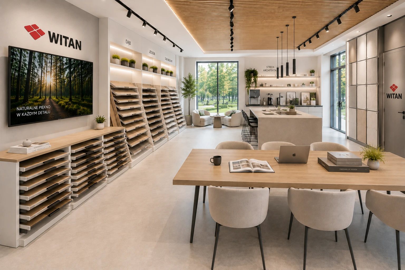 Wizualizacja showroomu WITAN - jasna strefa z ekspozycją drewna, stołem projektowym i strefą architekta